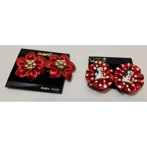 Vintage Clip On Christmas Earrings Set Of 2 New on Cards - Poinsettias, Snowmen